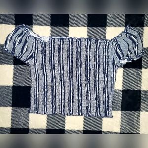 NOBO Navy Blue and White Stripe Shirred Lettuce Off-Shoulder Crop Top